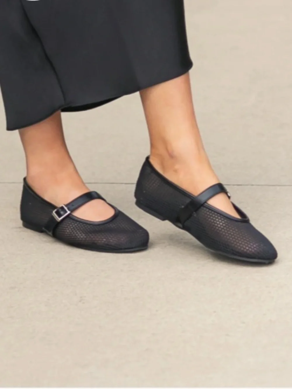 NWT Top Moda black mesh ballet flats Mary Jane buckle round toe